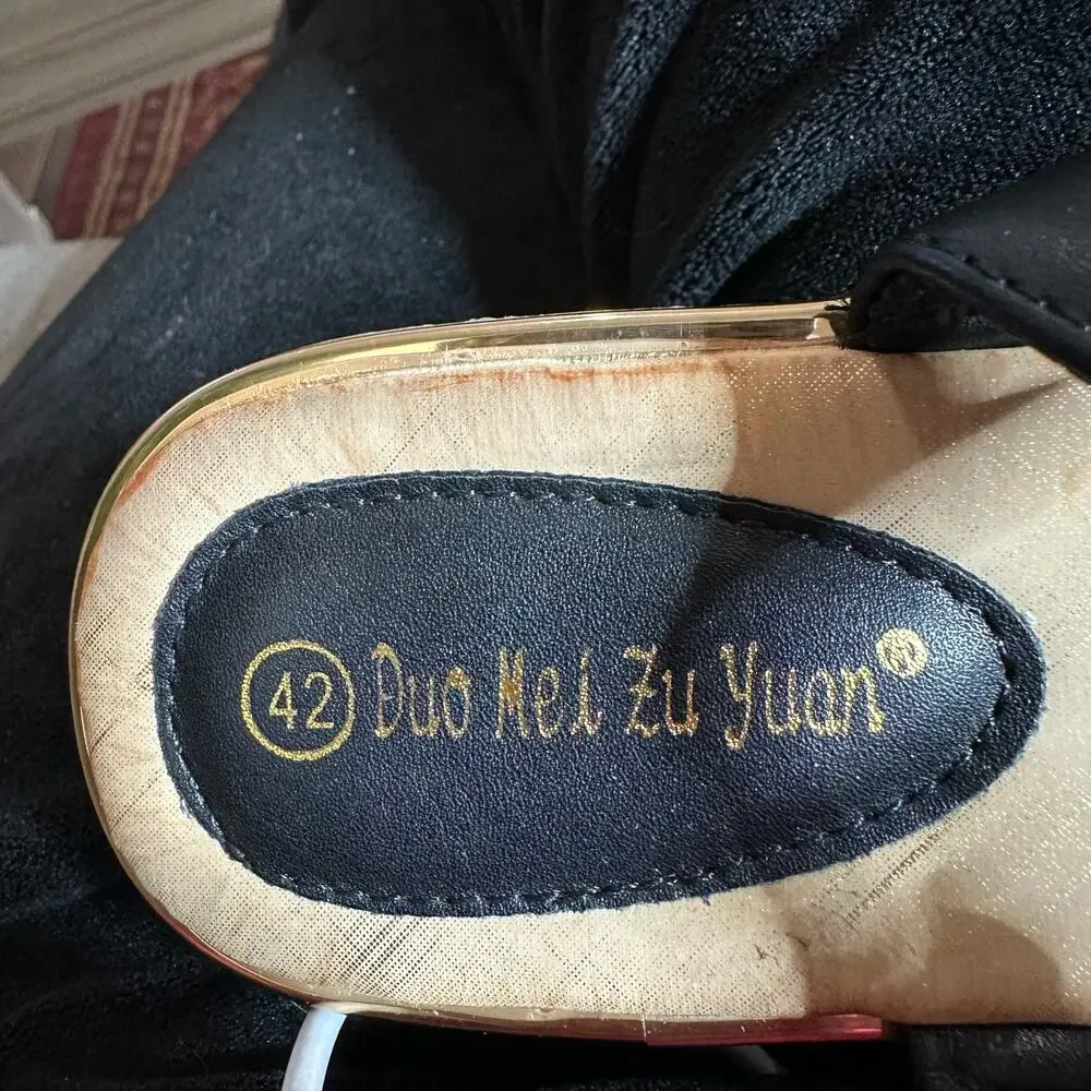 Duo Mei Zu Yuan Womens‎ 10 Thong Slingback Sandals Black Tan Rhinestones Floral - Picture 9 of 12